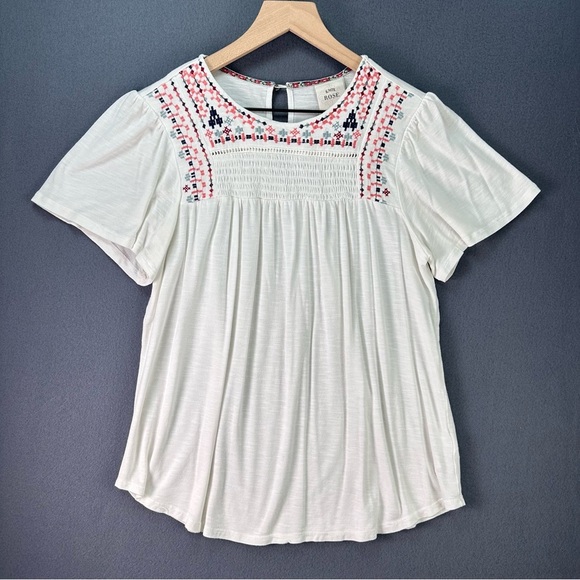 KNOX ROSE White Flowy Boho Short Sleeve Smocked Embroidered Breezy Blouse Size S - Picture 2 of 15